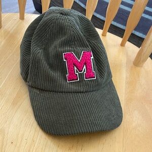 Olive Corduroy Cap with Pink 'M' Patch